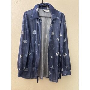 Reina New York Floral Button Down‎ Shirt Long Sleeve Blue Patterned
(A717)